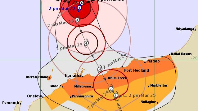 A BOM map of where Cyclone Veronica is heading