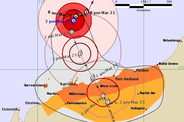 A BOM map of where Cyclone Veronica is heading