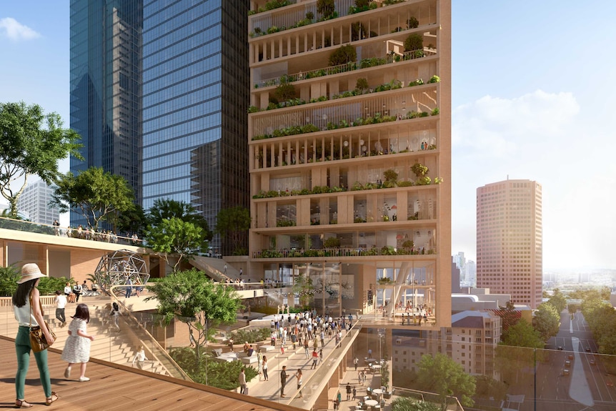 An artists impression of a communal outdoor area of a skyscraper, with people walking around greenery.