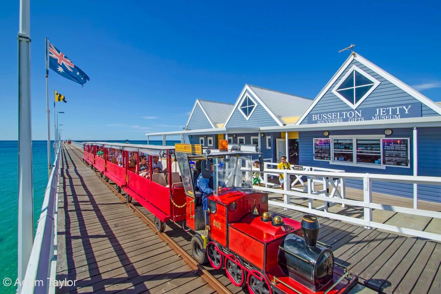 Busselton Jetty Train carrying tourists in south-west WA.