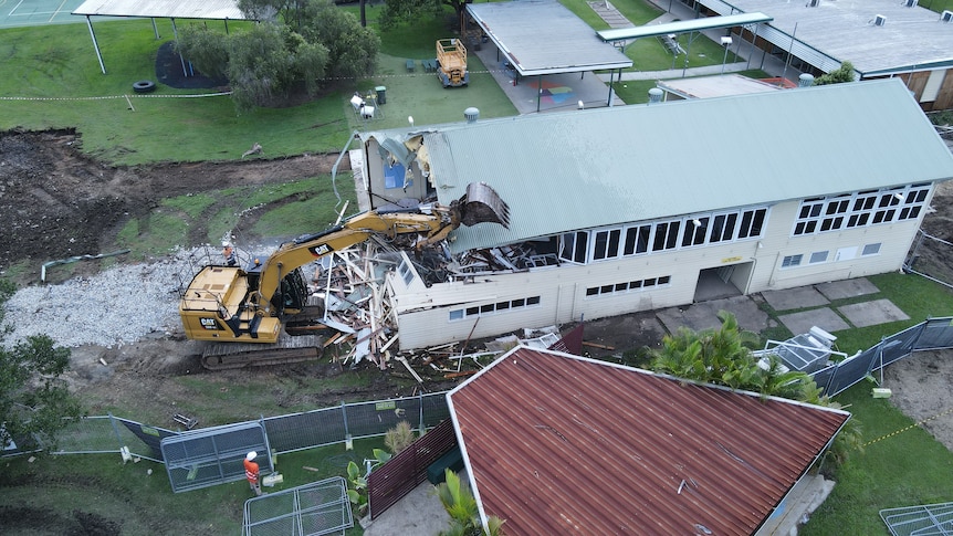 Rocklea State School building being demolished after being damaged by flood in February 2022.