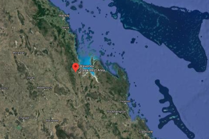 Map showing Waverly Creek rest area between Mackay and Rockhampton