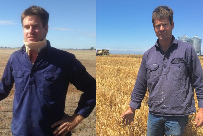 A man standing in a bare paddock with a neck brace. Also pictured, a year later, in a field of grain.