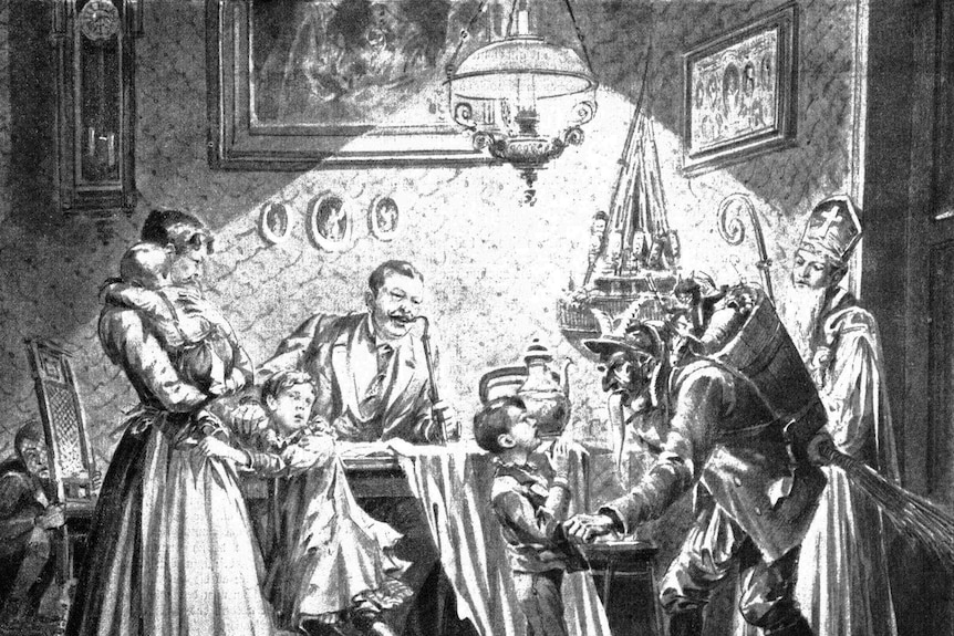 A German illustration shows St Nicholas and the Krampus visiting a family.