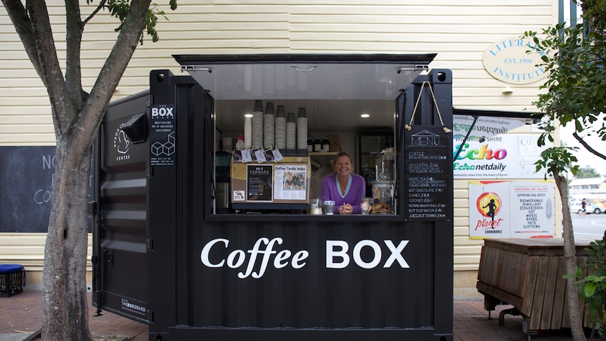 Sharon Sweeney in converted shipping container the Coffee Box