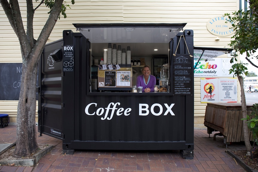 Sharon Sweeney in converted shipping container the Coffee Box