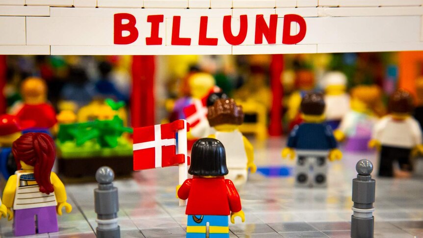 A LEGO replica of the Legoland sign is on display.