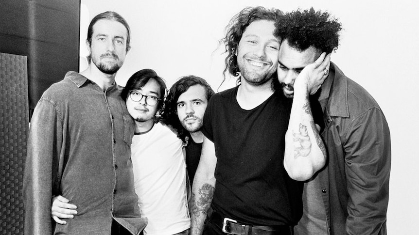 A 2017 black and white press shot of Gang of Youths