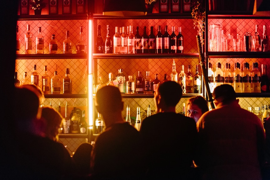 People standing at a bar looking at the bottles of alcohol. 