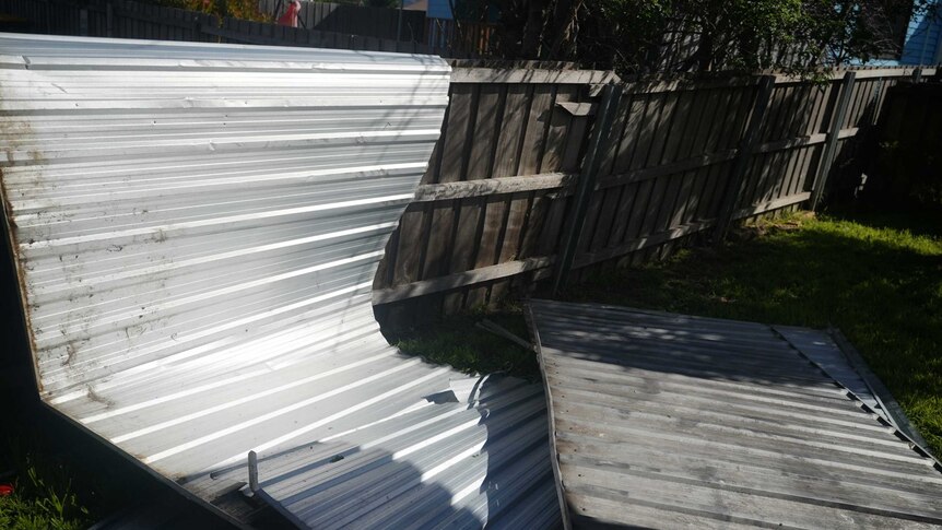 Aluminium sheeting is strewn over a wooden fence and backyard