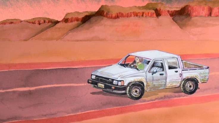 A painted car drives across a red painted landscape