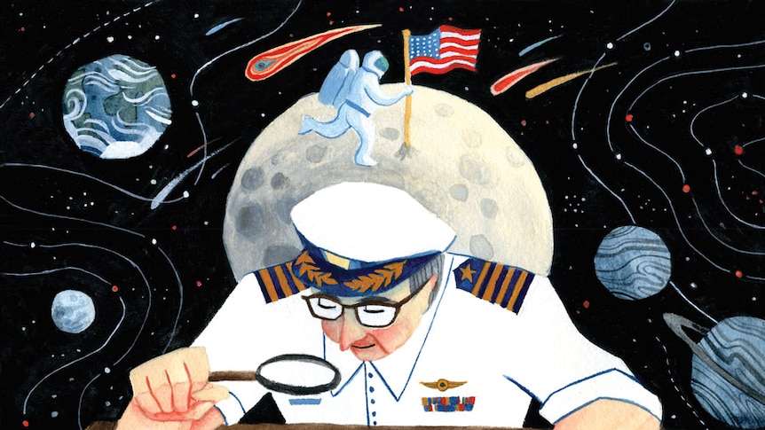 An illustration of Captain Willard Houston examining a meteorological chart with the moon in the background