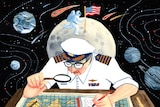 An illustration of Captain Willard Houston examining a meteorological chart with the moon in the background