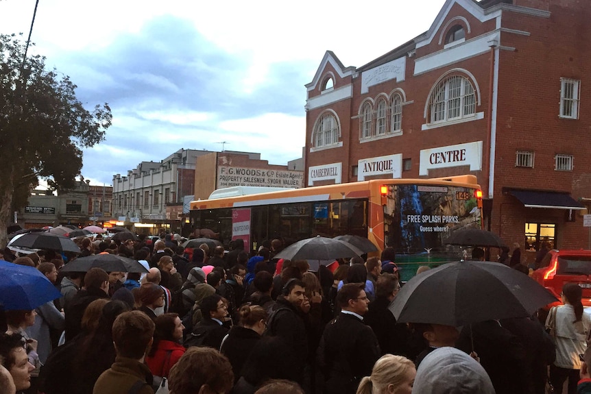 Hundreds of people, some holding umbrellas, surround a single bus.