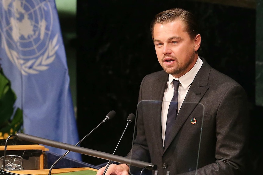 Leonardo DiCaprio speaks during the Paris Agreement For Climate Change Signing