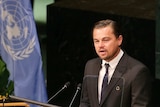 Leonardo DiCaprio speaks during the Paris Agreement For Climate Change Signing