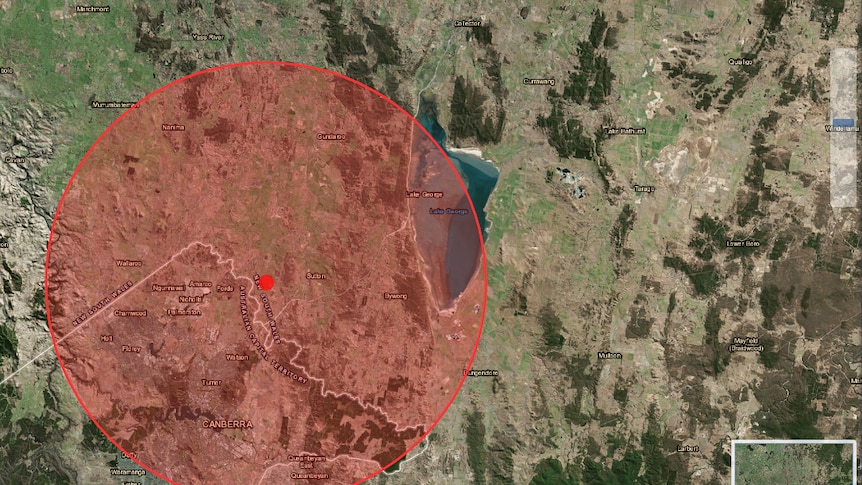 A picture of where the tremor affected the Canberra region, including Sutton, Queanbyen and Bonner.