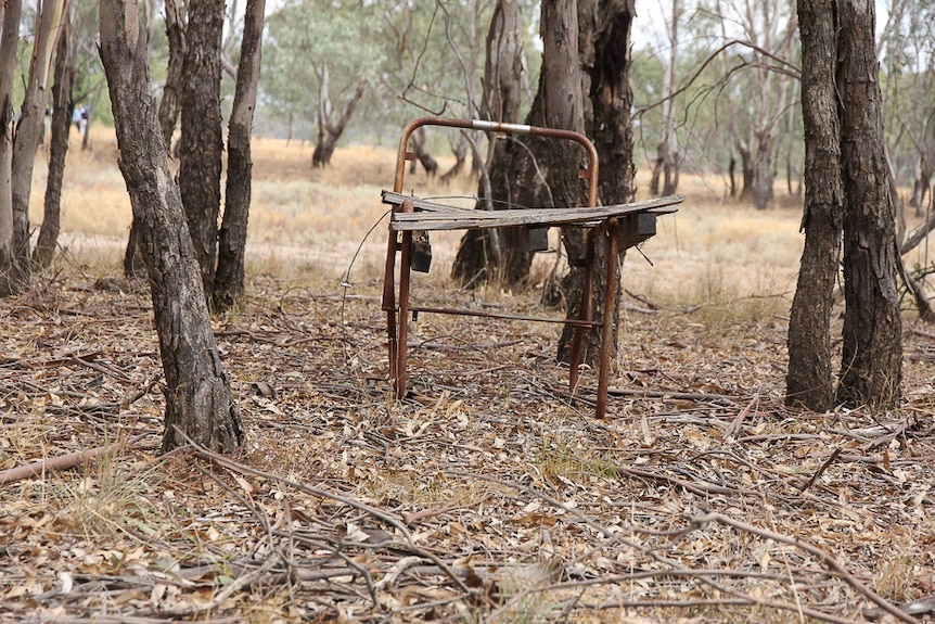 The remains of a rusted and falling apart chair in bushland
