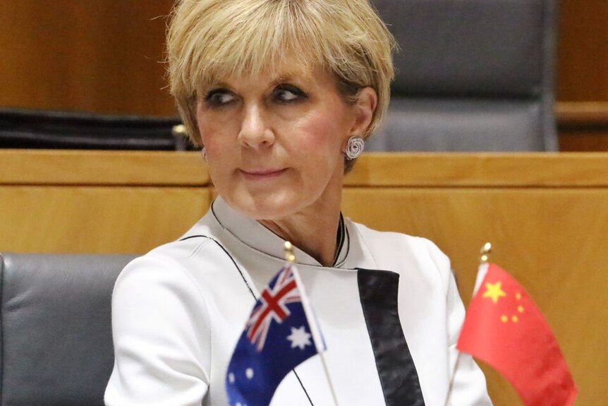 Julie Bishop sits with small Australian and Chinese flags in foreground.