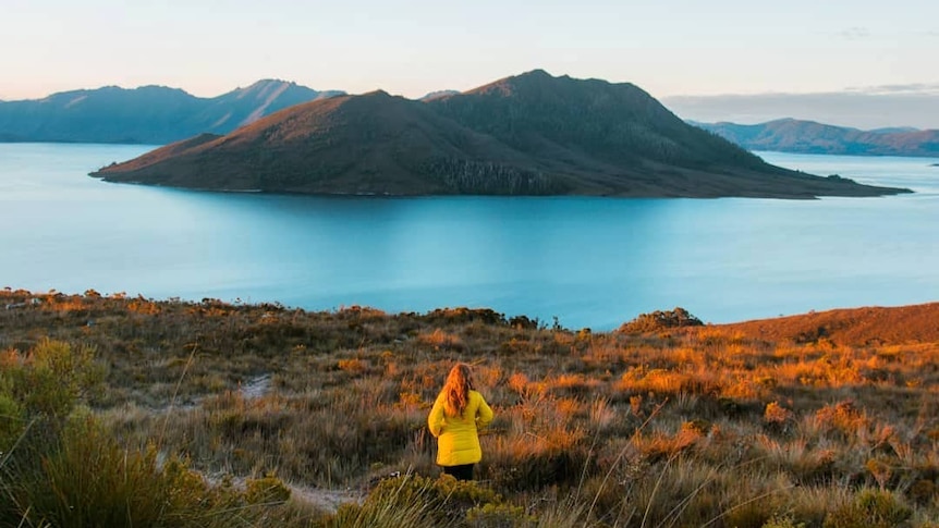 A person looks out over a lake and a mountain peak.