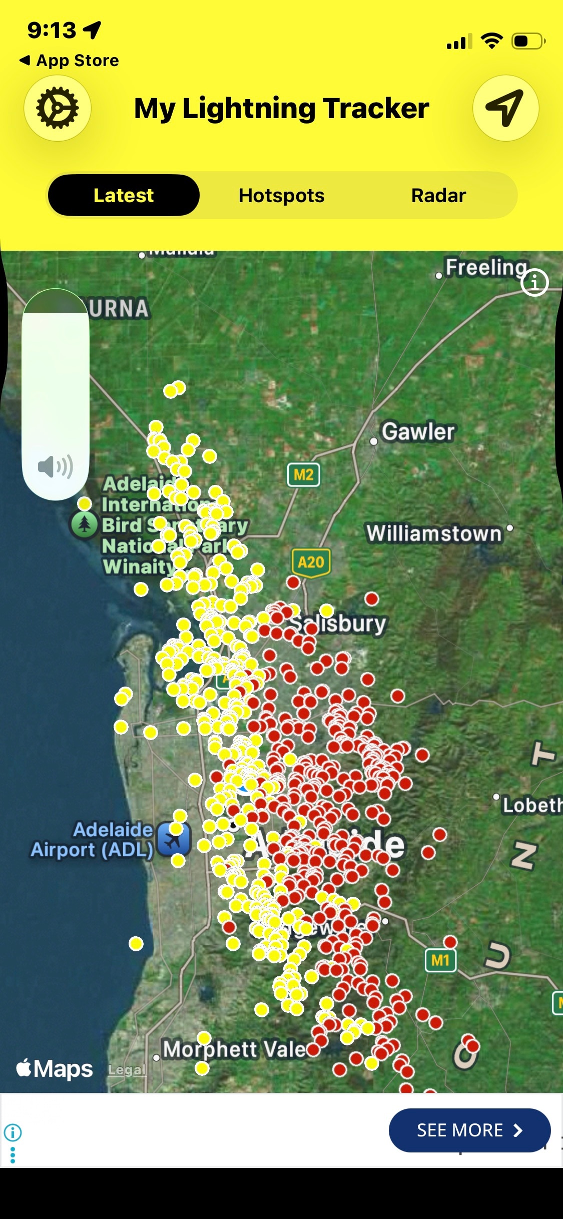 A map of Adelaide with red and yellow dots all over it