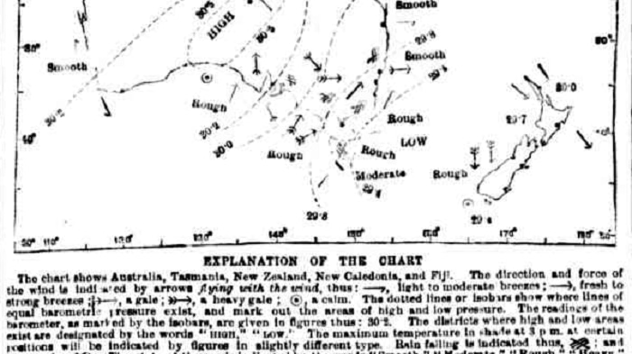 Weather chart with a low just off the Tasman and  and strong winds and rain for the south east