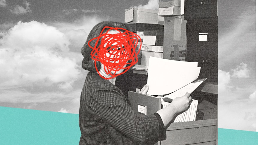 An illustration of a woman opening a filing cabinet with a red scribble over her face