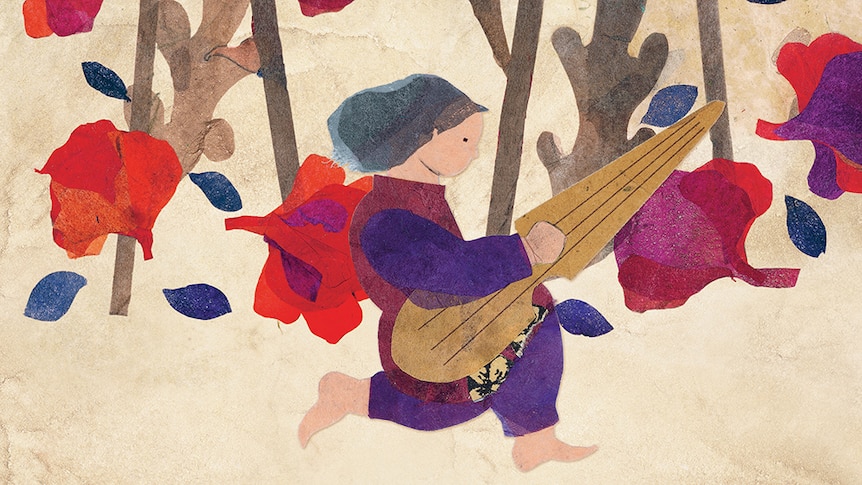 An illustration from Sonam and the Silence showing the title character holding a rubab in her garden.