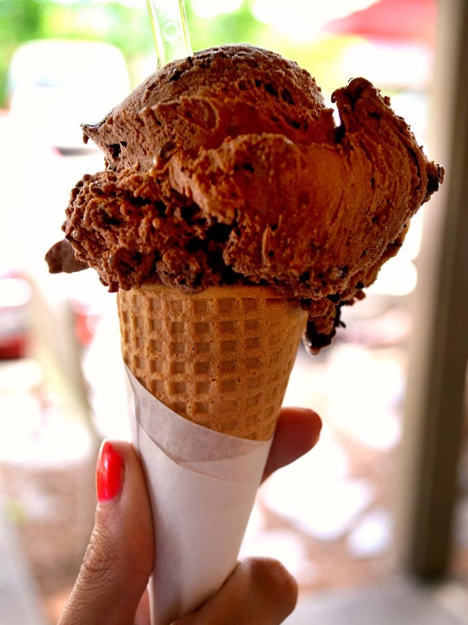 Chocolate ice cream in a cone.