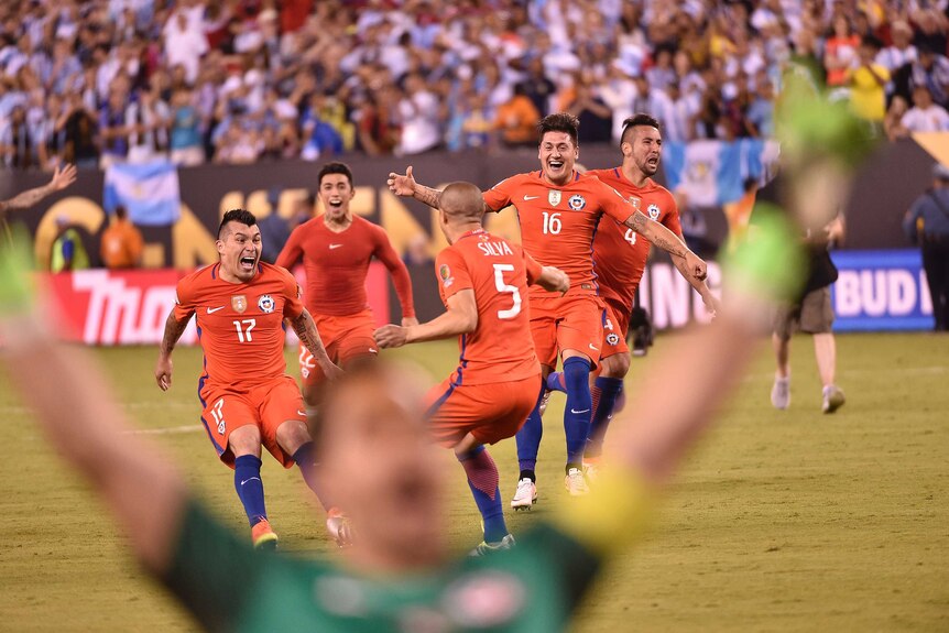 Chile celebrates penalty shoot-out win over Argentina