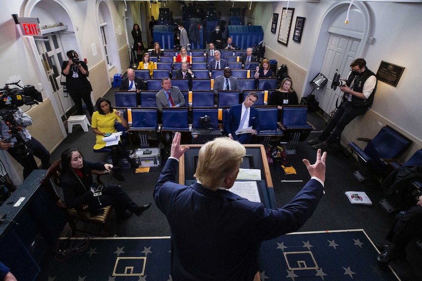 President Donald Trump speaks about the coronavirus in the James Brady Press Briefing Room