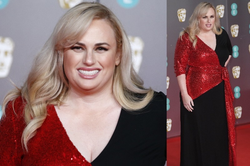 A composite image of Rebel Wilson in a black and red long-sleeve dress