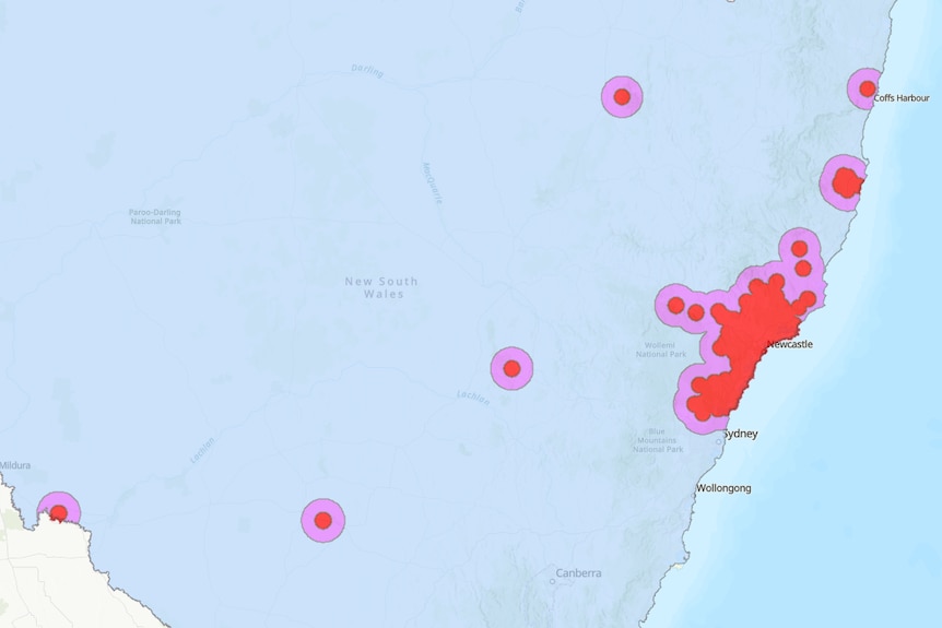 A map of NSW with bright red dots over the areas where varroa mite has been detected.