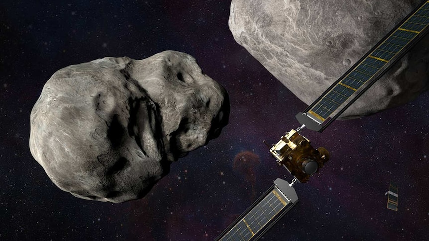 Illustration of the DART spacecraft and LICIA Cube prior to impact at the Didymos binary system.