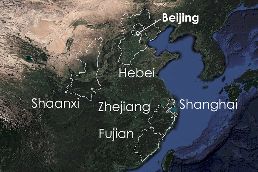 A map showing the locations of Beijing, Hebei, Shaanxi, Zhejiang and Shanghai.