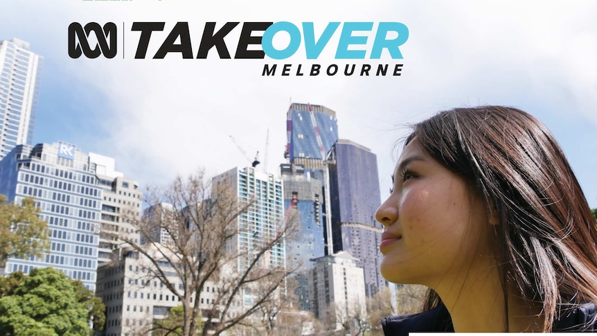 Image from the Takeover Melbourne storytelling competition of a young woman looking at the Melbourne city scape