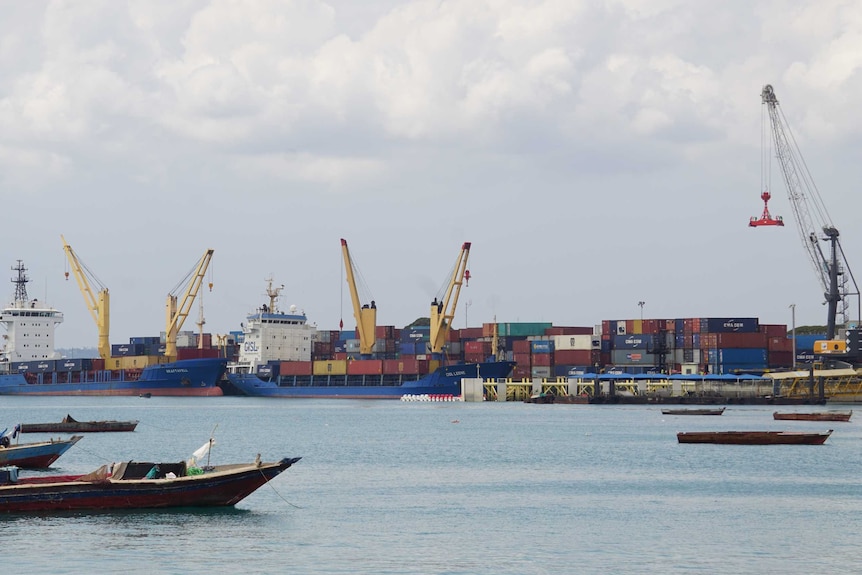 Boats full of cargo fill the port of Zanzibar.