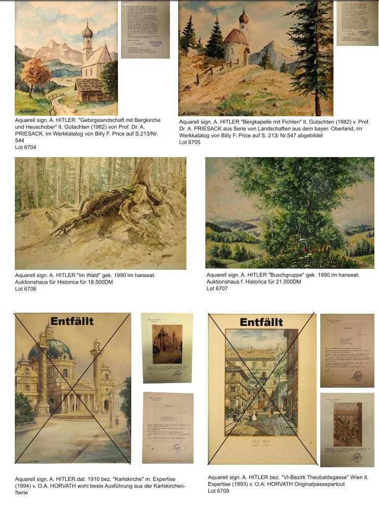 A screenshot of an auction listing of watercolour paintings believed to be by Adolf Hitler.