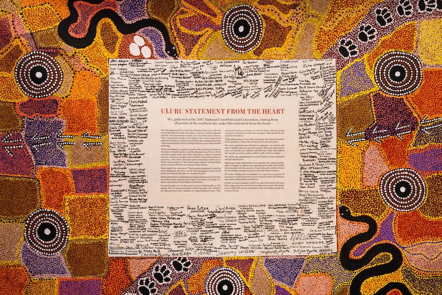 The Uluru Statement from the Heart surrounded by signatures. 