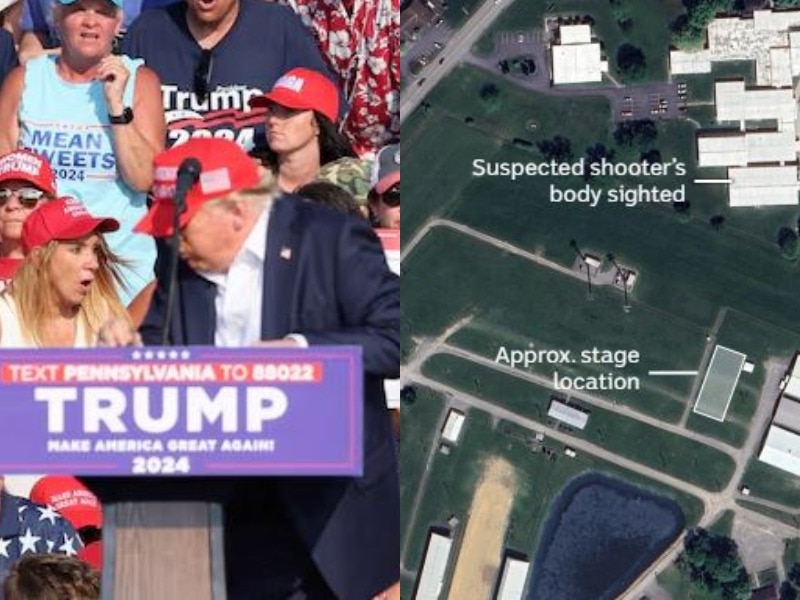composite image showing donald trump flinching at a rally and a map showing a shooter's position