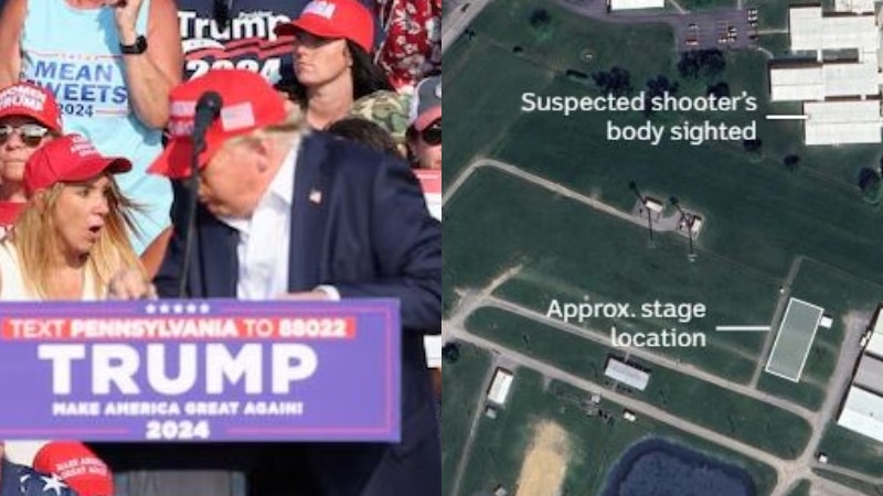 composite image showing donald trump flinching at a rally and a map showing a shooter's position