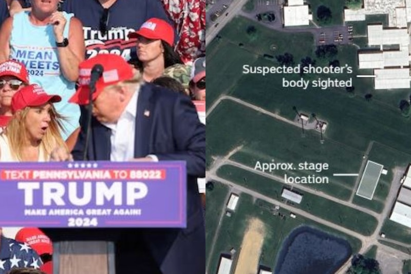 composite image showing donald trump flinching at a rally and a map showing a shooter's position