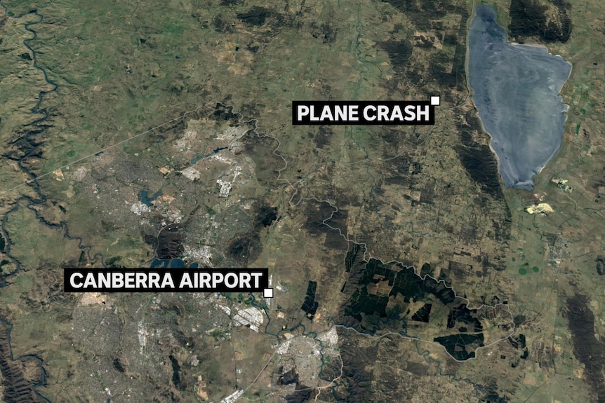 An aerial map shows the plane crash location north-east of Canberra.