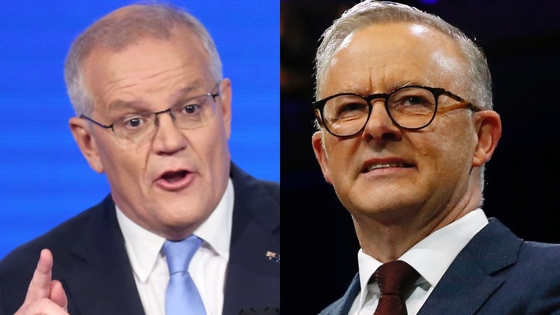 Side by side photos of Scott Morrison and Anthony Albanese, two middle-aged men wearing suits