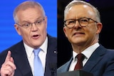 Side by side photos of Scott Morrison and Anthony Albanese, two middle-aged men wearing suits