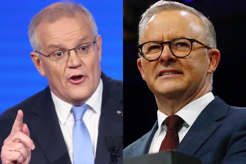 Side by side photos of Scott Morrison and Anthony Albanese, two middle-aged men wearing suits