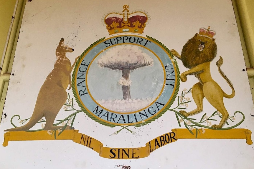A painted crest featuring an image of a blast surrounded by a kangaroo, the crown and lion.