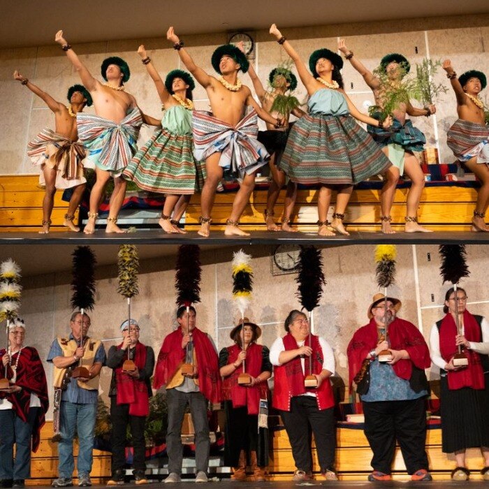 Native Hawaiian dancers and Native dancers from Alaska perform on stage. 
