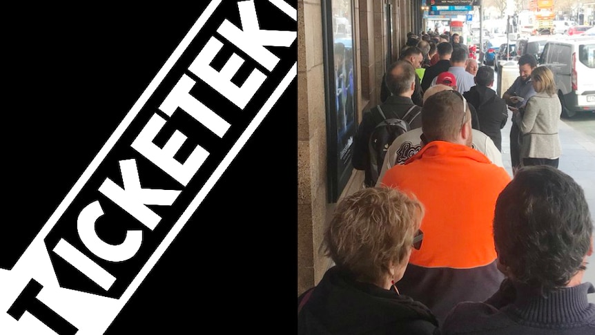 A composite image of a logo saying "Ticketek" and a long queue of people.