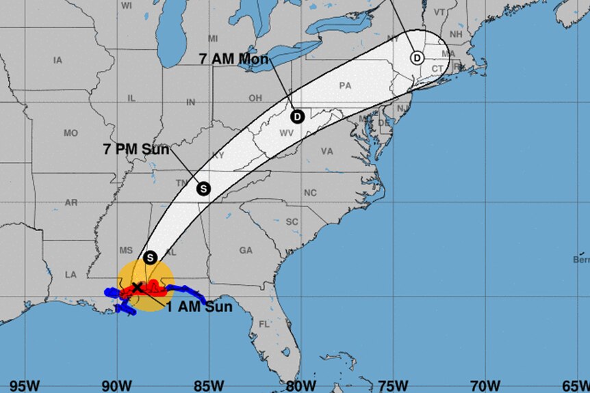 A tracking map shows Hurricane Nate is expected to downgrade to a tropical storm by Sunday morning.